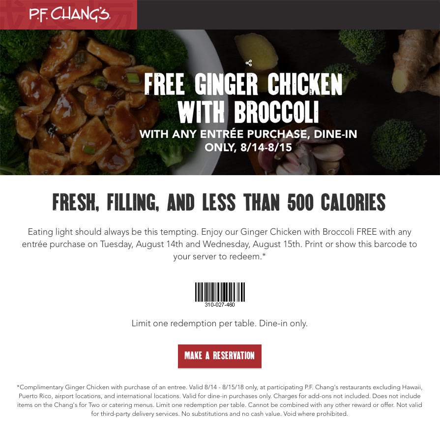 P.F. Changs Coupon March 2024 Free chicken & broccoli with any entree today at P.F. Changs
