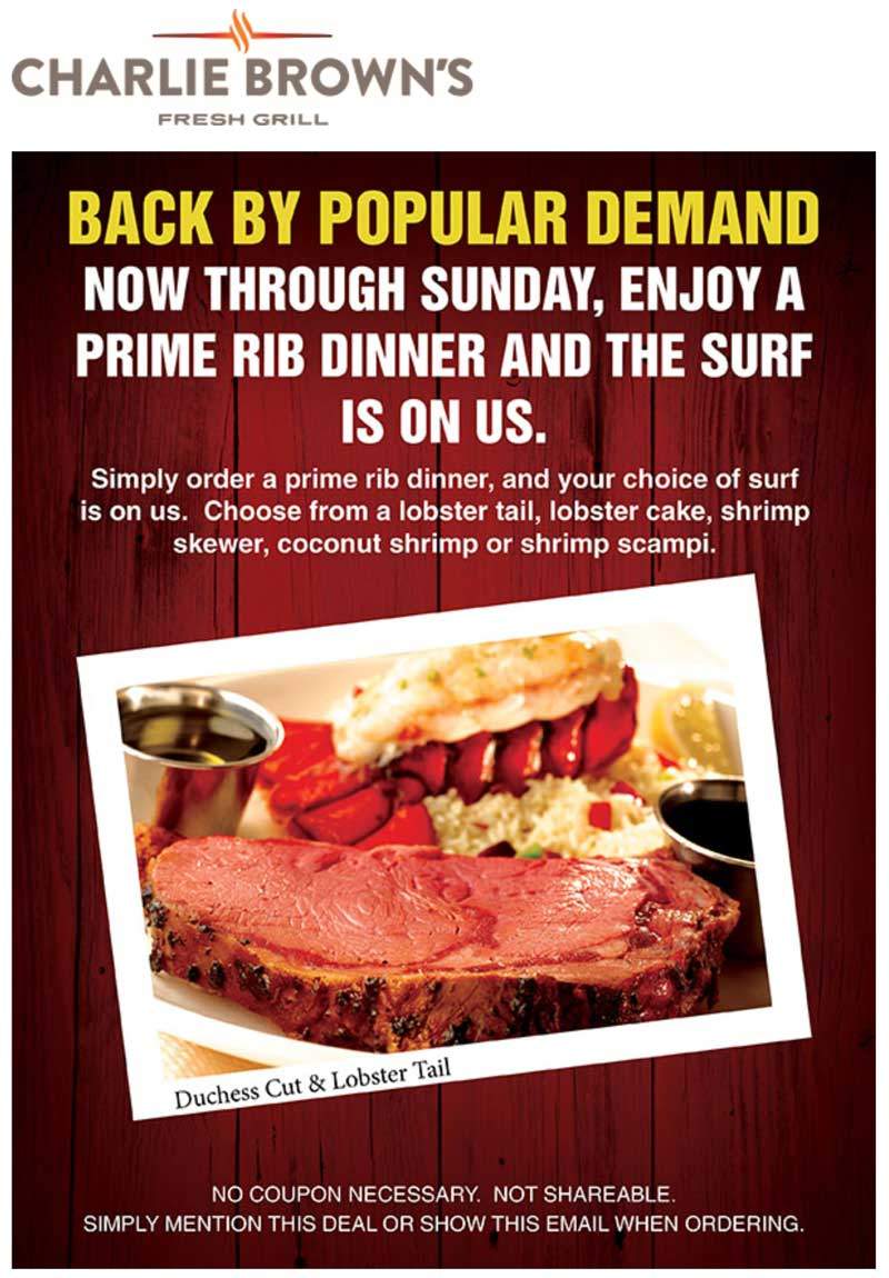 Charlie Browns Coupon April 2024 Free lobster with your prime rib at Charlie Browns restaurants