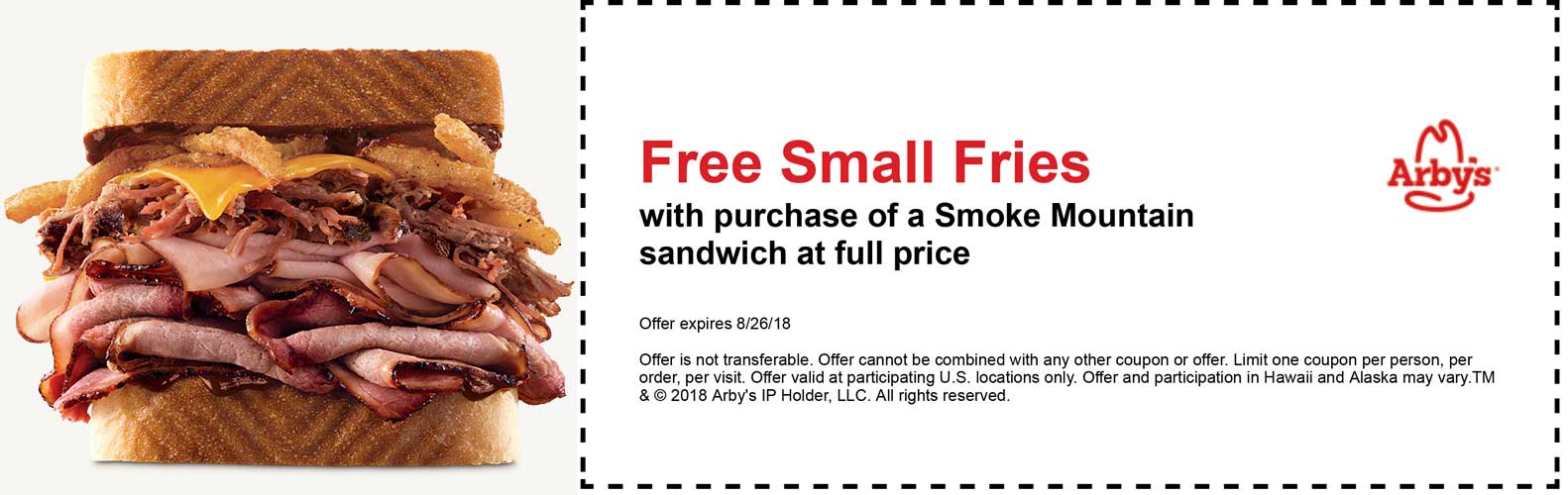 Arbys Coupon April 2024 Free fries with your smoke mountain sandwich at Arbys