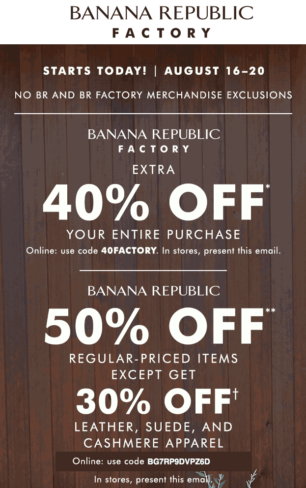 Banana Republic Coupon April 2024 50% off at Banana Republic & 40% at factory, or online via promo code BG7RP9DVPZ6D