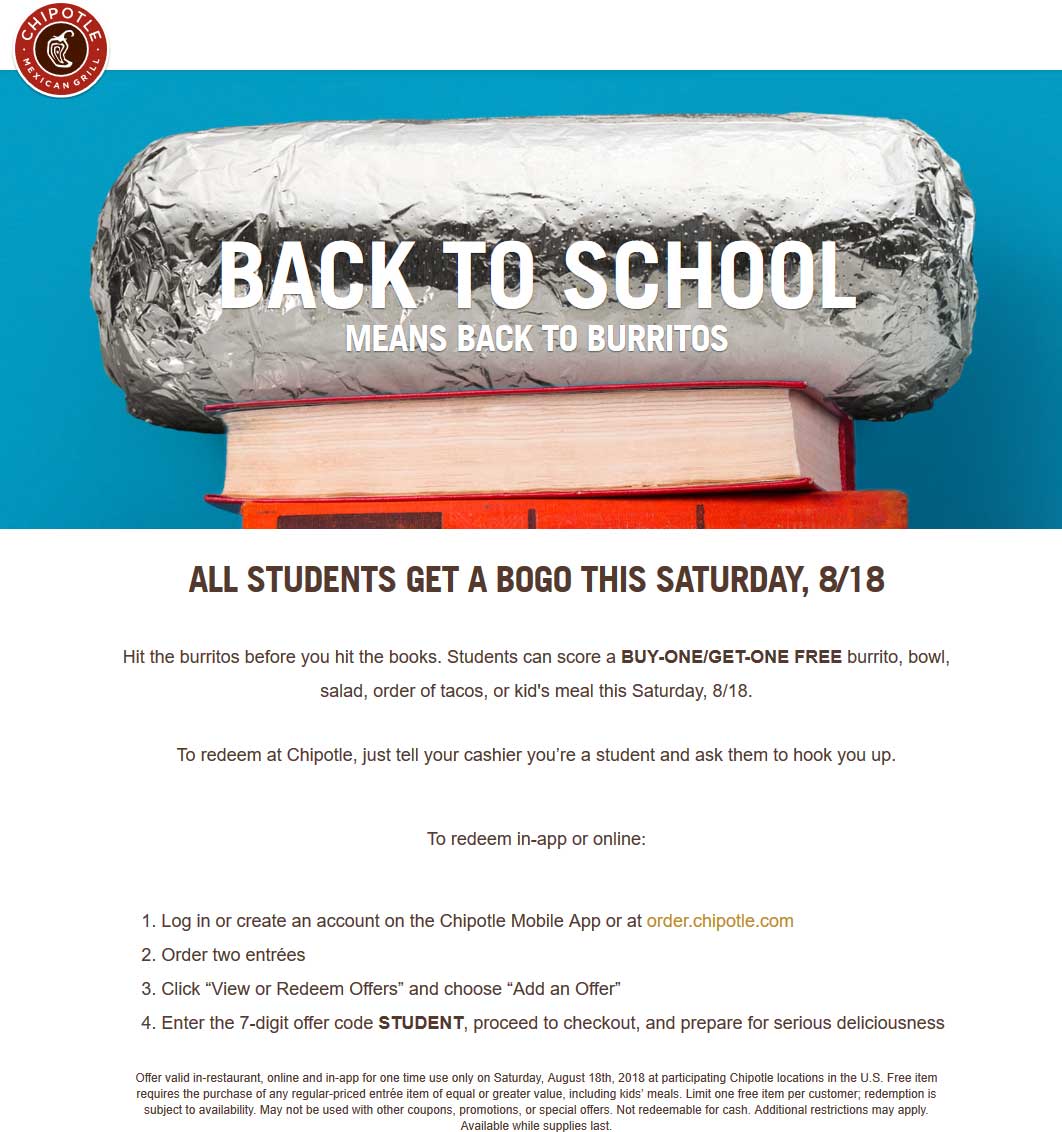 Chipotle Coupon April 2024 Students enjoy second burrito or bowl free Saturday at Chipotle