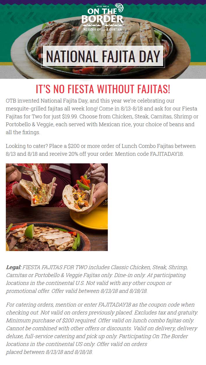 On The Border Coupon April 2024 2 fajitas = $20 at On The Border restaurants