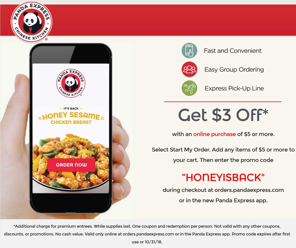 Panda Express Coupon April 2024 $3 off $5 online at Panda Express restaurants via promo code HONEYISBACK