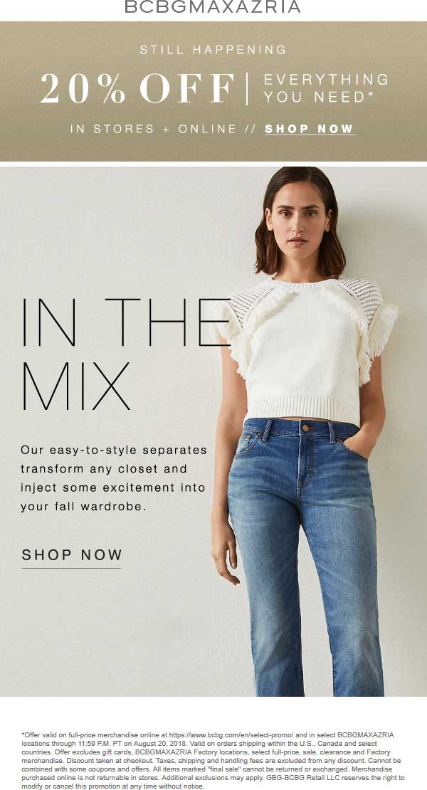 BCBG Coupon April 2024 20% off at BCBGMAXAZRIA, ditto online