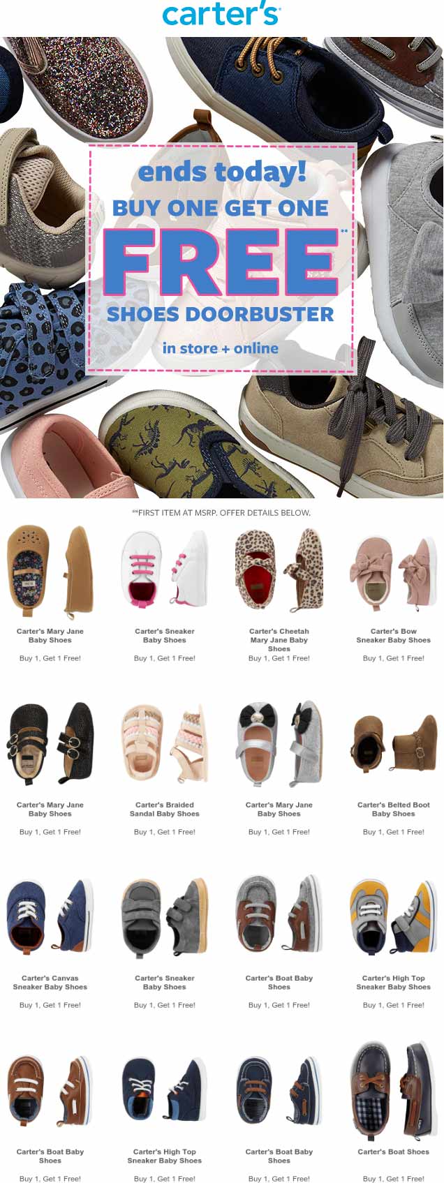 Carters Coupon April 2024 2nd pair shoes free today at Carters, ditto online