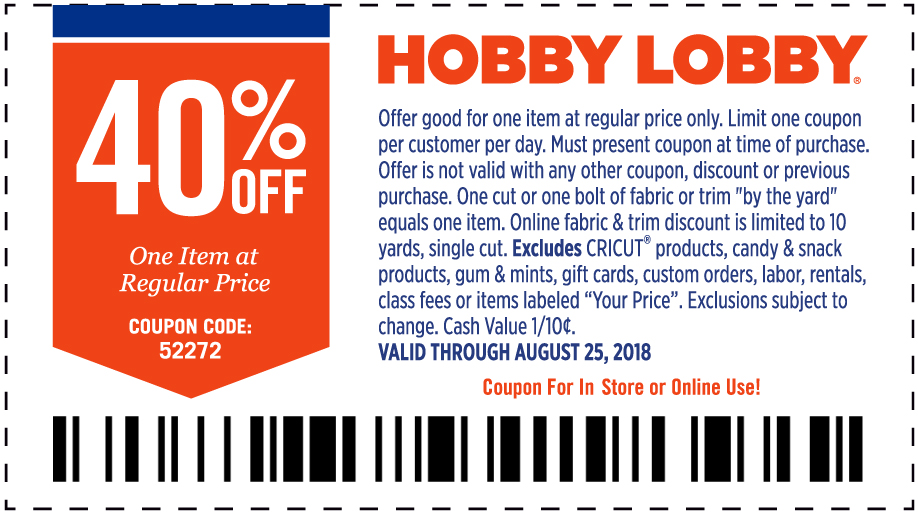 Hobby Lobby Coupon March 2024 40% off a single item at Hobby Lobby, or online via promo code 52272