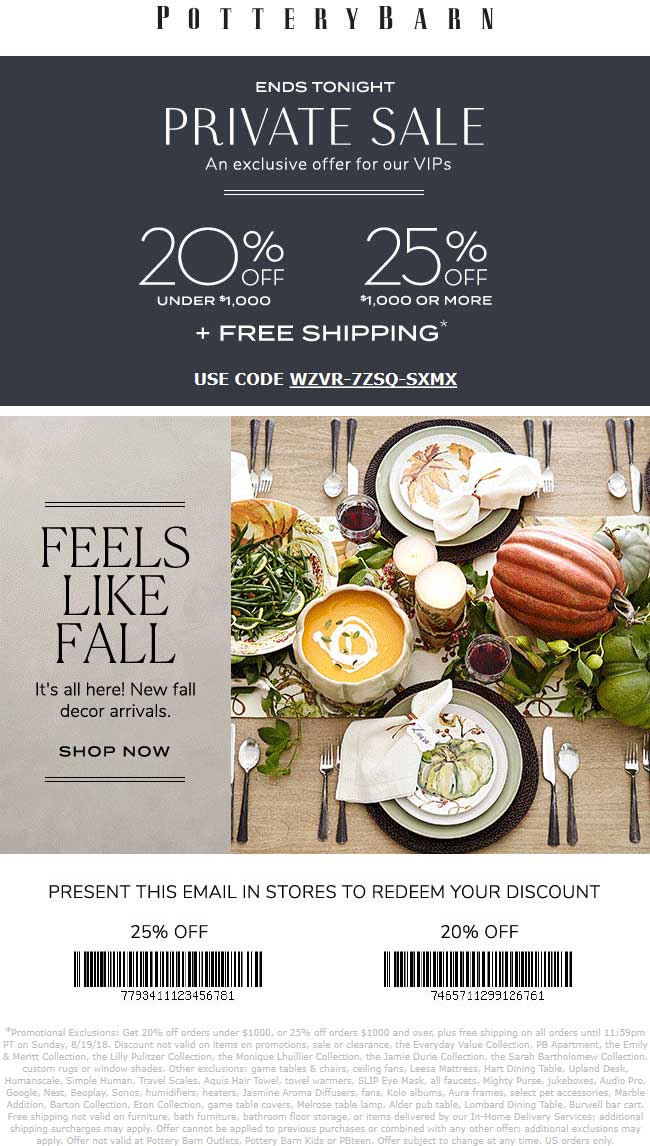 Pottery Barn Coupon April 2024 20-25% off today at Pottery Barn, or online via promo code WZVR-7ZSQ-SXMX