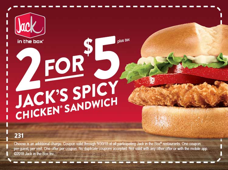 Jack in the Box Coupon April 2024 2 spicy chicken sandwiches for $5 at Jack in the Box