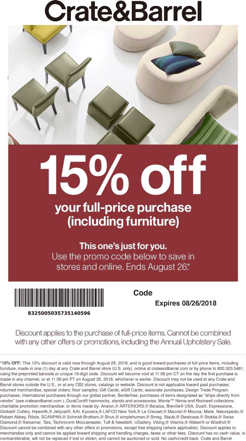 Crate & Barrel Coupon April 2024 15% off at Crate & Barrel, or online via promo code 8325005035735140596