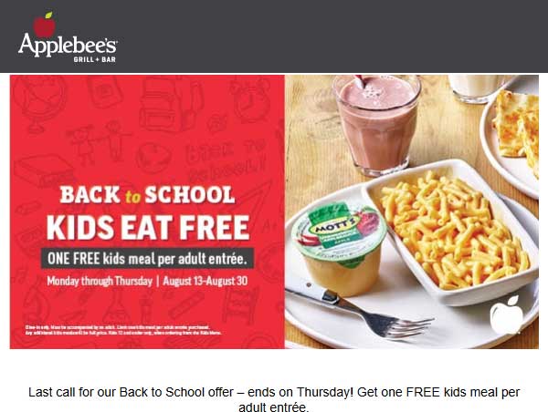 Applebees Coupon April 2024 Kids eat free with your entree at Applebees
