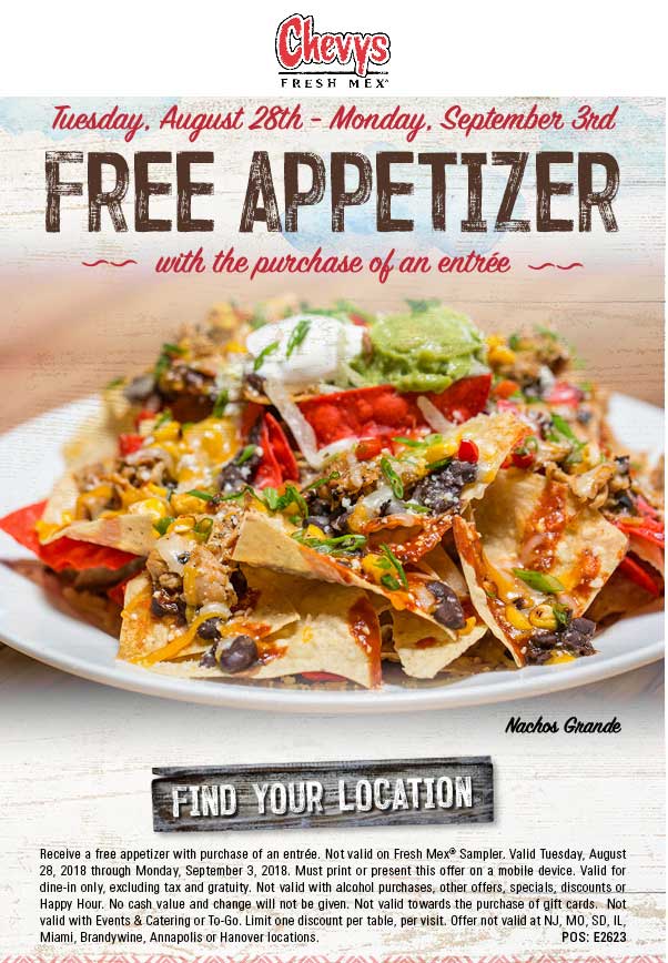 Chevys Coupon April 2024 Free appetizer with your entree at Chevys Fresh Mex