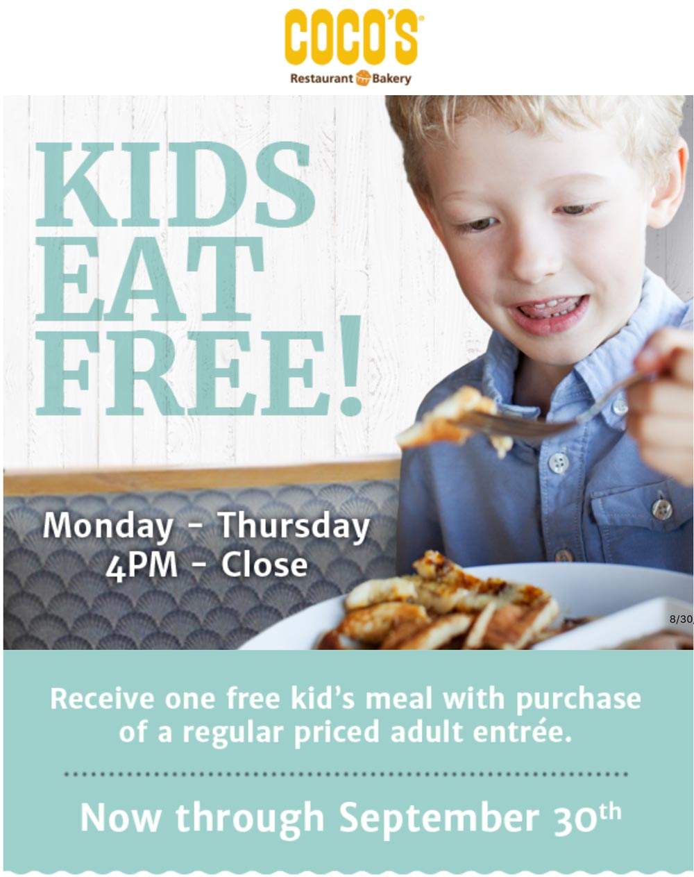 Cocos Coupon April 2024 Kids eat free with your entree at Cocos Bakery