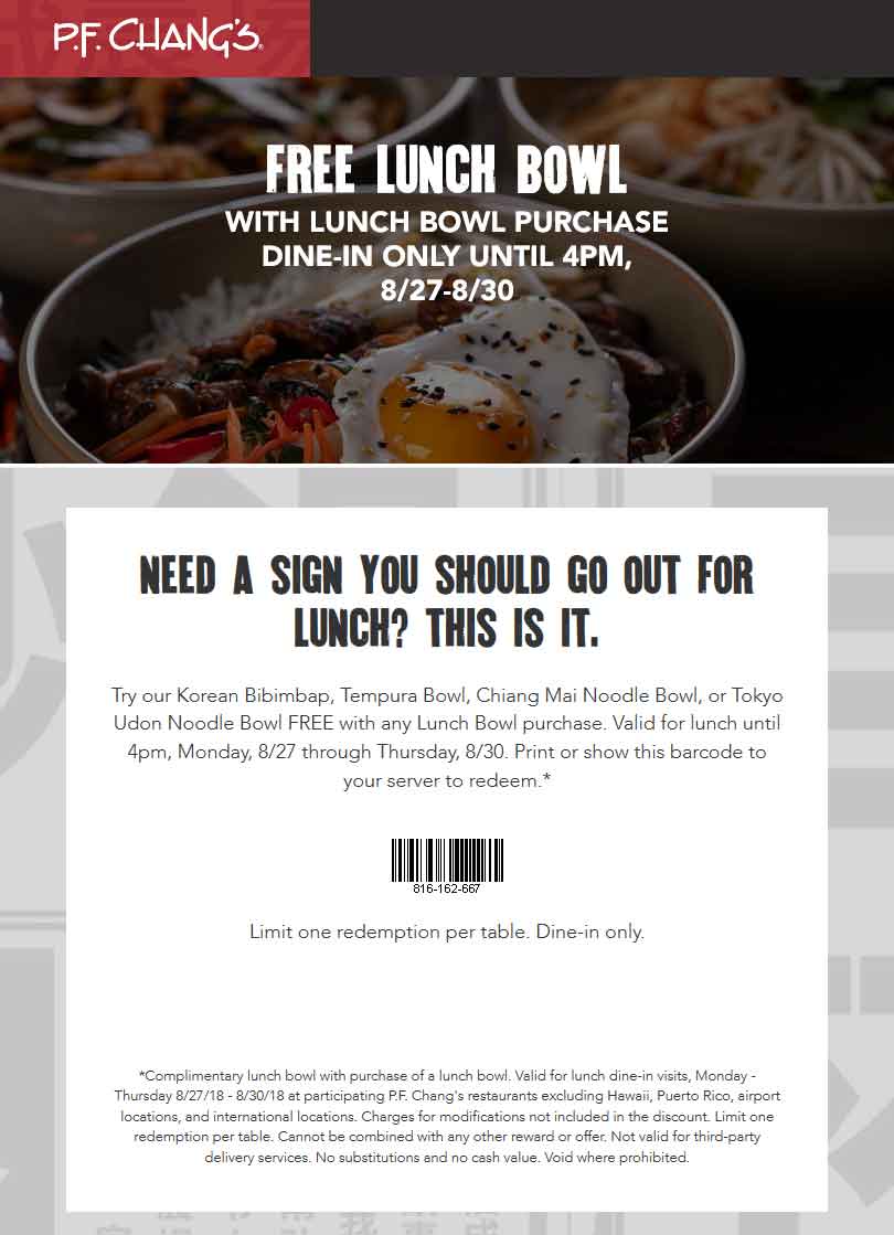P.F. Changs Coupon April 2024 Second lunch bowl free today at P.F. Changs restaurants