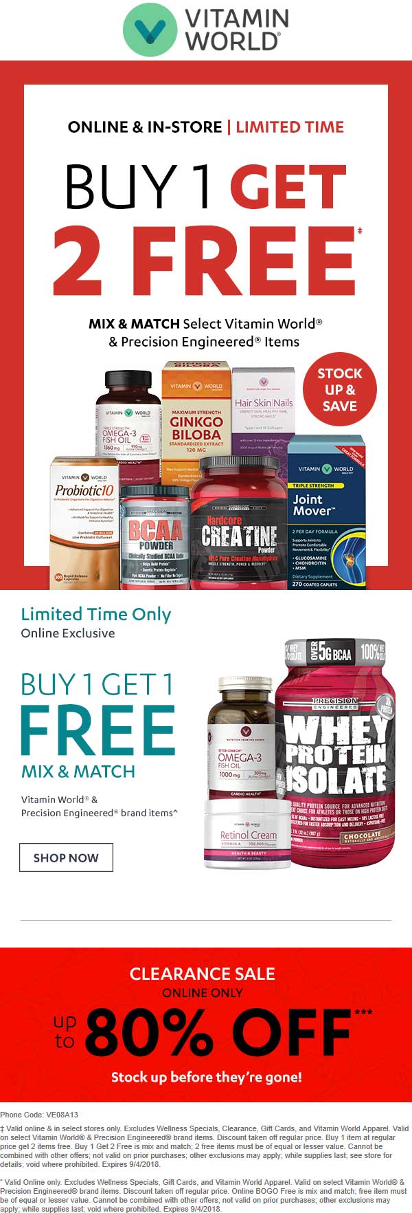 Vitamin World Coupon April 2024 3-for-1 on various store brand at Vitamin World, or online via promo code VE08A13