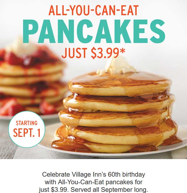 Village Inn Coupon April 2024 $4 bottomless pancakes all month at Village Inn restaurants