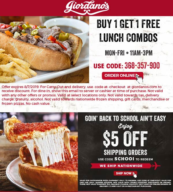 Giordanos coupons & promo code for [June 2022]