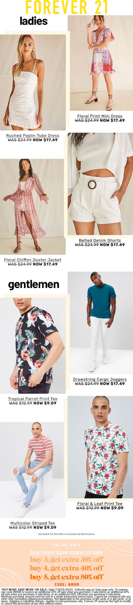 Forever 21 stores Coupon  30-50% off 3+ items at Forever 21 via promo code BMSM #forever21 