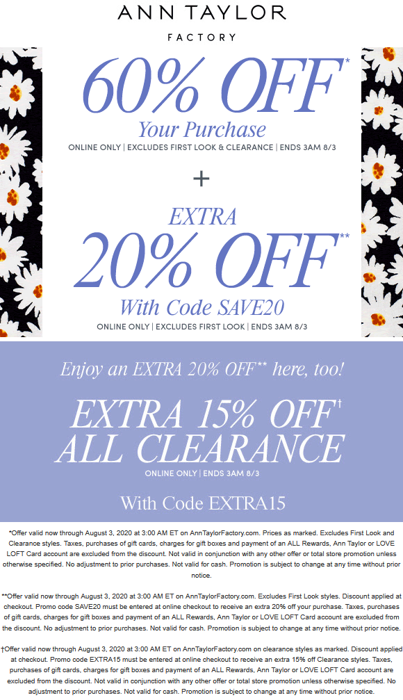 Ann Taylor Factory stores Coupon  80% off today at Ann Taylor Factory via promo code SAVE20 #anntaylorfactory 