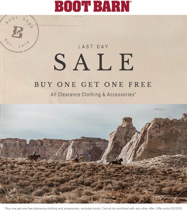 Boot Barn stores Coupon  Second clearance item free today at Boot Barn #bootbarn 