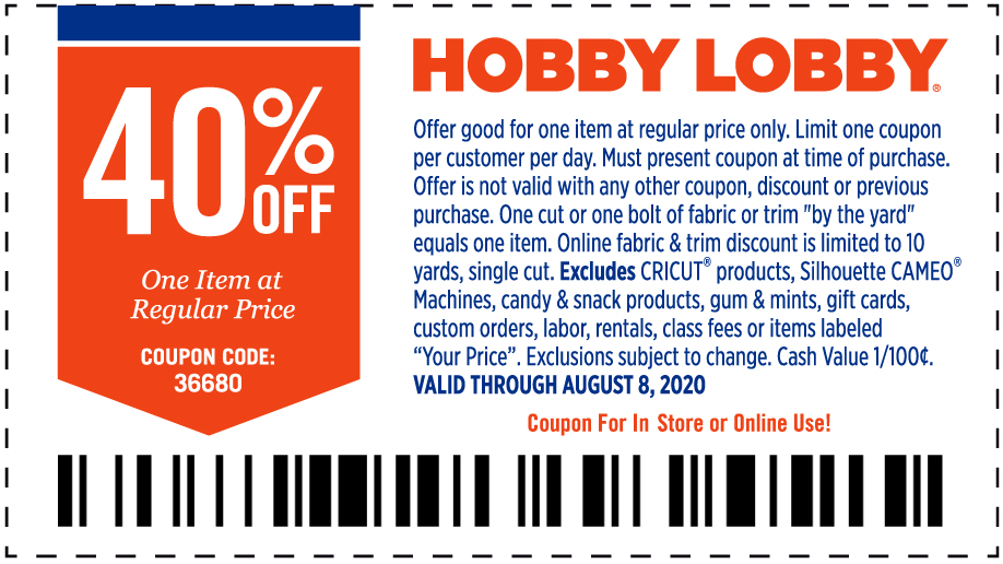 Hobby Lobby stores Coupon  40% off a single item at Hobby Lobby, or online via promo code 36680 #hobbylobby 