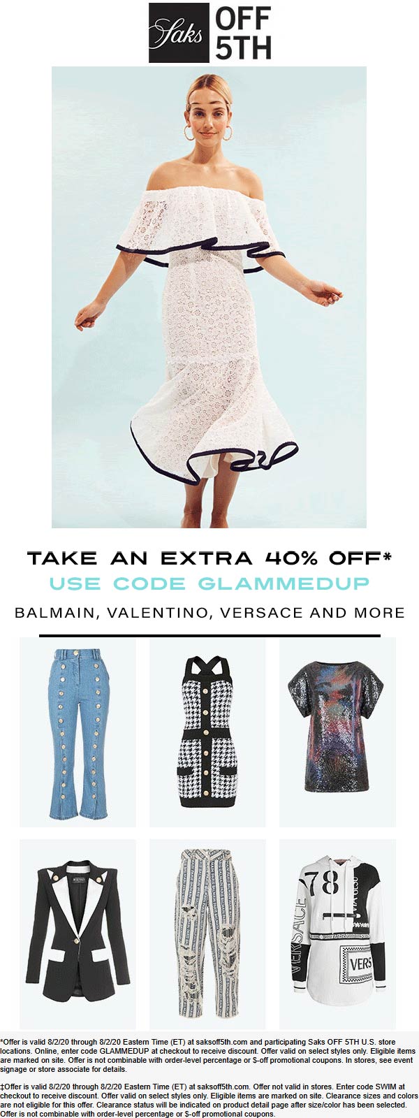 OFF 5TH stores Coupon  Extra 40% off Balmain Valentino Versace & more today at Saks OFF 5TH via promo code GLAMMEDUP #off5th 