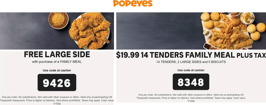 Popeyes restaurants Coupon  Free large side with your family meal & more at Popeyes #popeyes 