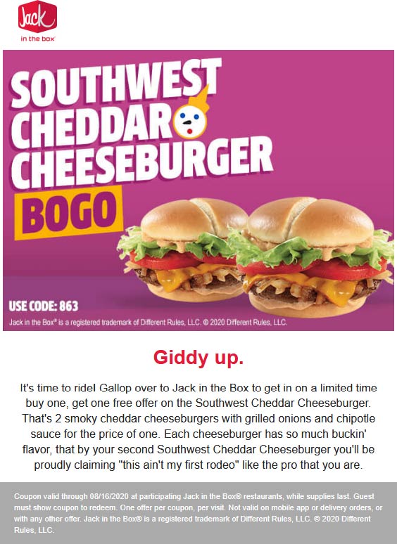 Second cheddar cheeseburger free at Jack in the Box restaurants 