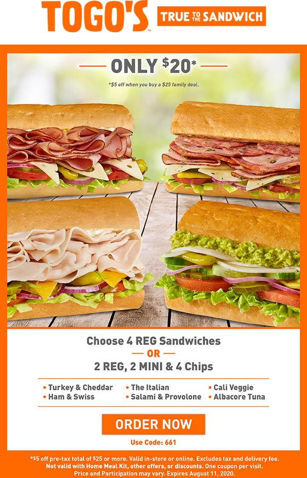 Togos restaurants Coupon  $5 off $25 & more at Togos sandwich eatery #togos 