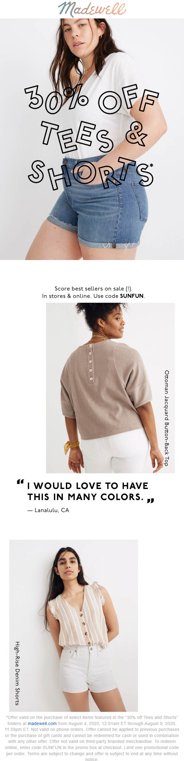 Madewell stores Coupon  30% off tees & shorts at Madewell via promo code SUNFUN #madewell 