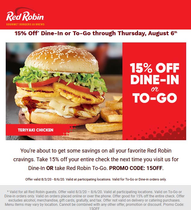 Red Robin restaurants Coupon  15% off at Red Robin restaurants via promo code 15OFF #redrobin 
