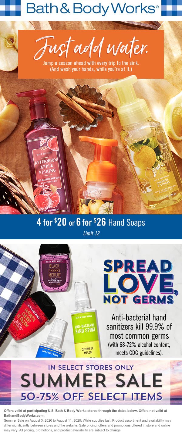 Bath & Body Works stores Coupon  hand soaps are 4 for $20 & more at Bath & Body Works #bathbodyworks 
