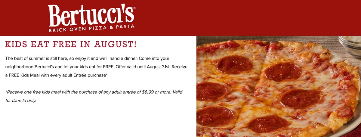 Bertuccis restaurants Coupon  Free kids meal with yours all month at Bertuccis pizza & pasta #bertuccis 