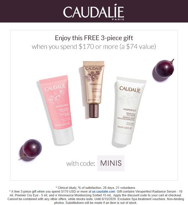Caudalie stores Coupon  Free 3pc set with $170 spent at Caudalie via promo code MINIS #caudalie 