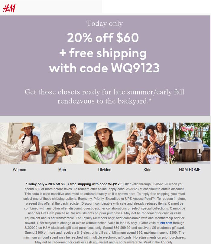 H&M stores Coupon  20% off $60 + free shipping today at H&M via promo code WQ9123 #hm 