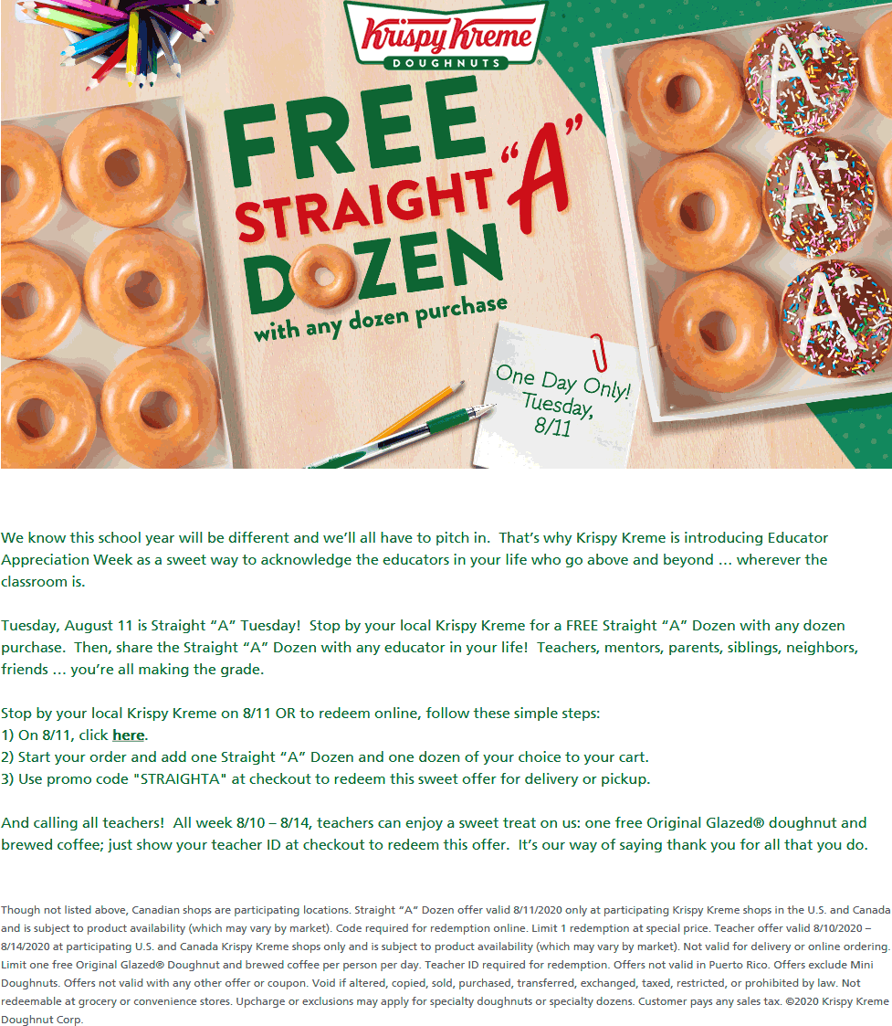 Krispy Kreme restaurants Coupon  Second dozen doughnuts free the 11th & teachers enjoy free donut + coffee all week at Krispy Kreme #krispykreme 