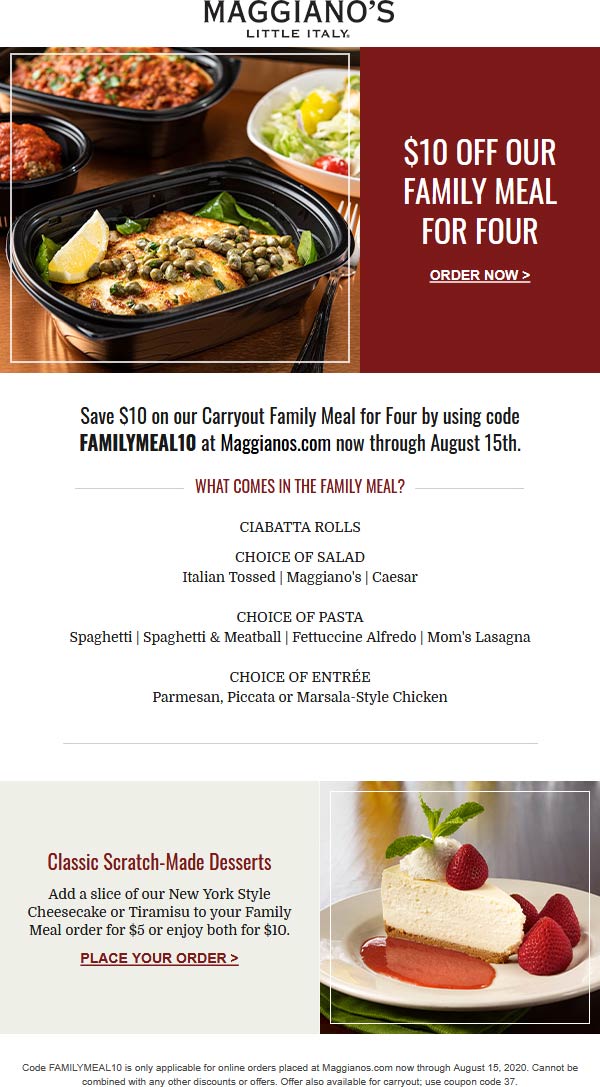 [July, 2022] 10 off family meal at Maggianos Little Italy via promo