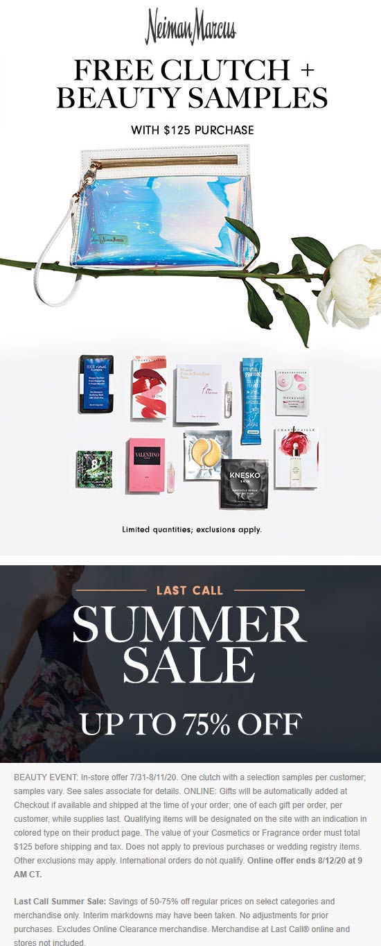 Neiman Marcus stores Coupon  Free clutch + beauty samples with $125 spent at Neiman Marcus, ditto online #neimanmarcus 
