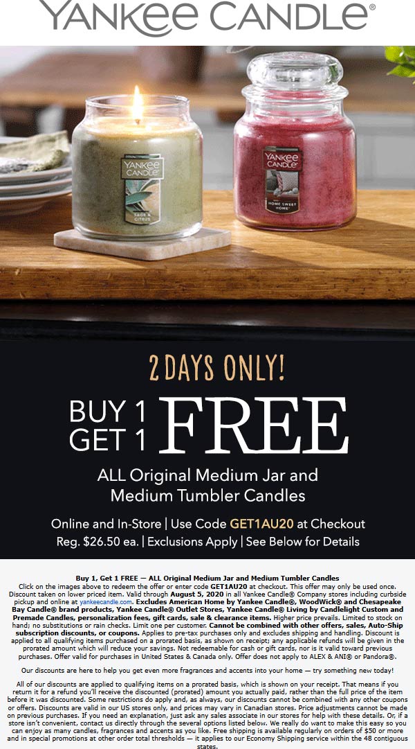 Yankee Candle stores Coupon  Second medium jar free today at Yankee Candle, or online via promo code GET1AU20 #yankeecandle 