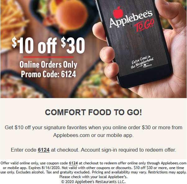 Applebees restaurants Coupon  $10 off $30 online at Applebees restaurants via promo code 6124 #applebees 
