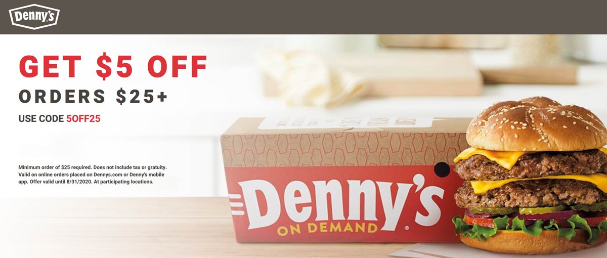Dennys restaurants Coupon  $5 off $25 at Dennys restaurants via promo code 5OFF25 #dennys 