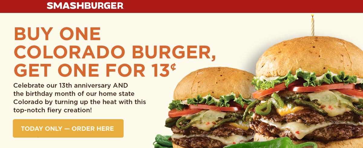 Smashburger stores Coupon  Second Colorado cheeseburger for .13 cents today at Smashburger #smashburger 