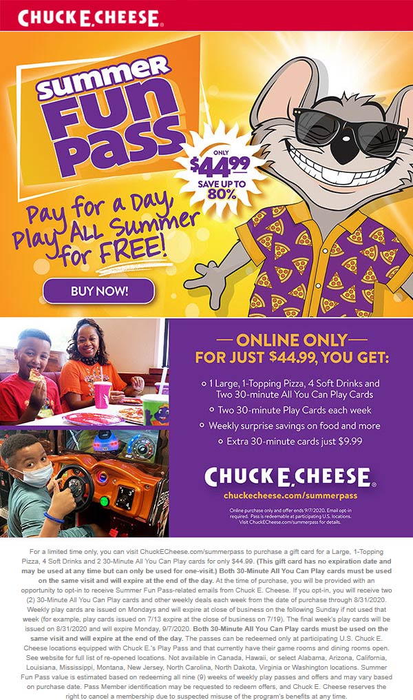 Chuck E. Cheese restaurants Coupon  Two 30min cards weekly + a 1-time pizza + 4 drinks + 2 cards = $45 at Chuck E. Cheese #chuckecheese 