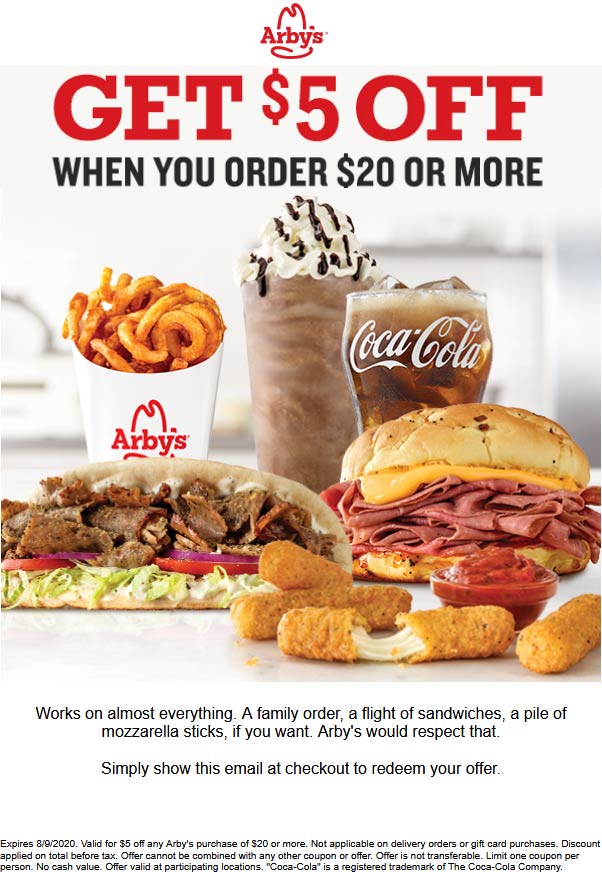 Arbys restaurants Coupon  $5 off $20 at Arbys restaurants #arbys 