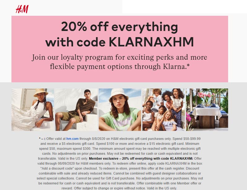 H&M stores Coupon  20% off everything at H&M, or online via promo code KLARNAXHM #hm 