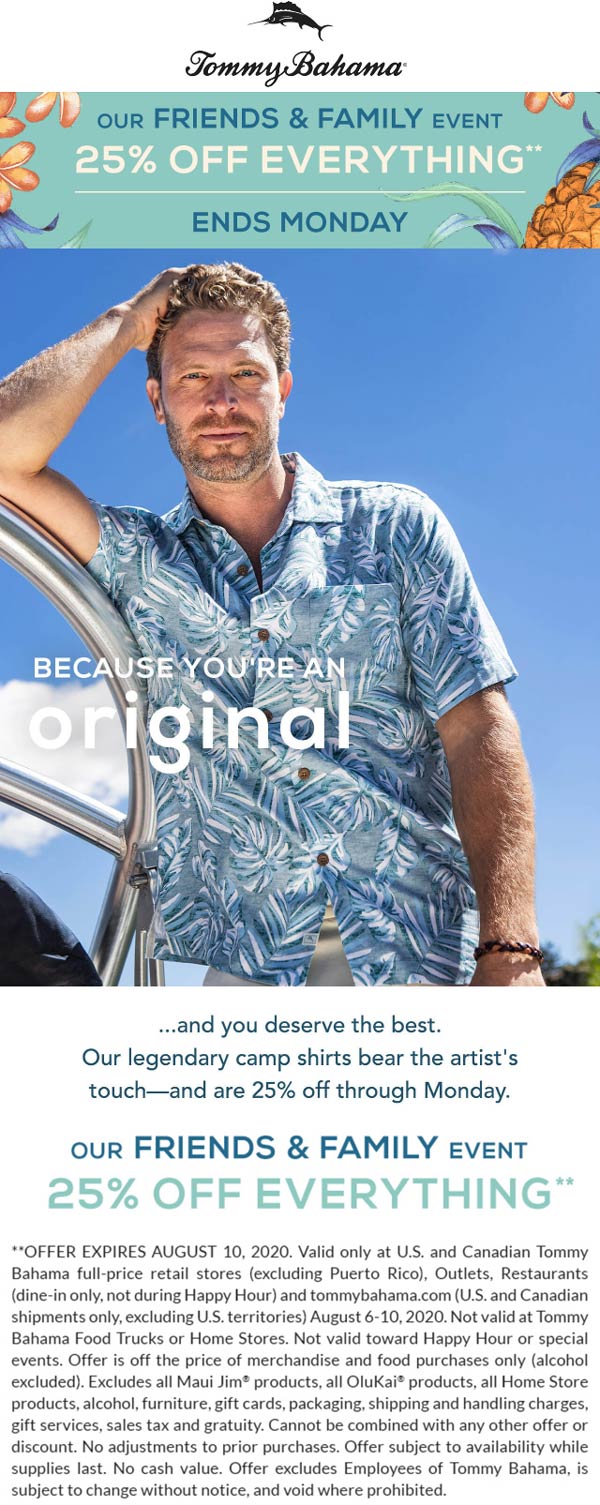 Tommy Bahama stores Coupon  25% off everything at Tommy Bahama, ditto online #tommybahama 