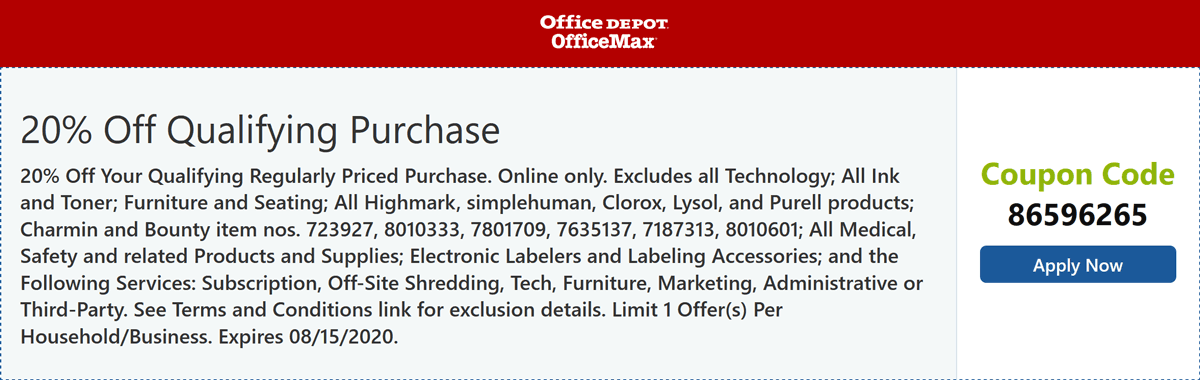 Office Depot stores Coupon  20% off online at Office Depot & OfficeMax via promo code 86596265 #officedepot 