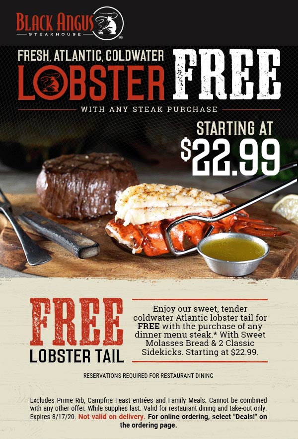 Black Angus restaurants Coupon  Free lobster with any steak at Black Angus steakhouse #blackangus 