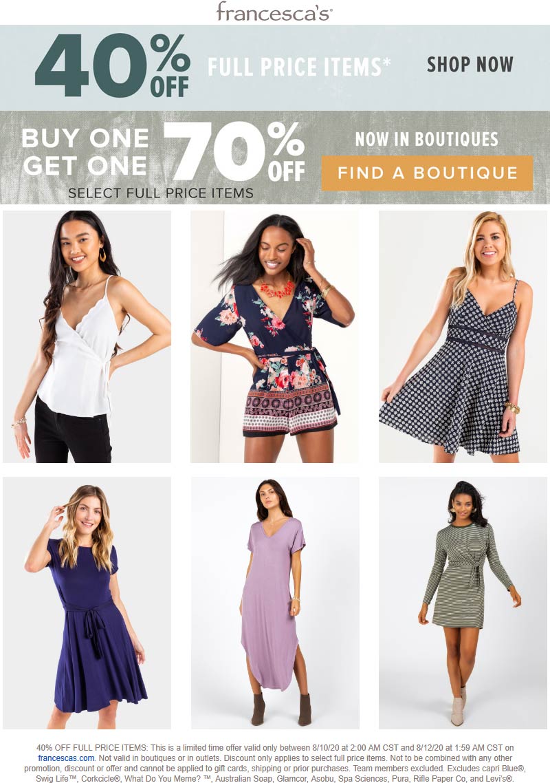 Francescas stores Coupon  Second item 70% off at Francescas, or 40% off online #francescas 