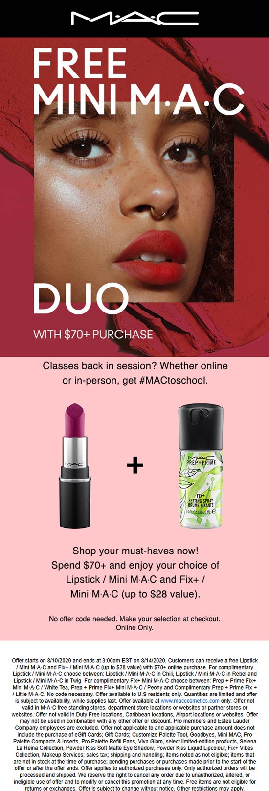 MAC stores Coupon  Free lipstick + fix mini mac with $70 spent online at MAC cosmetics, no code needed #mac 