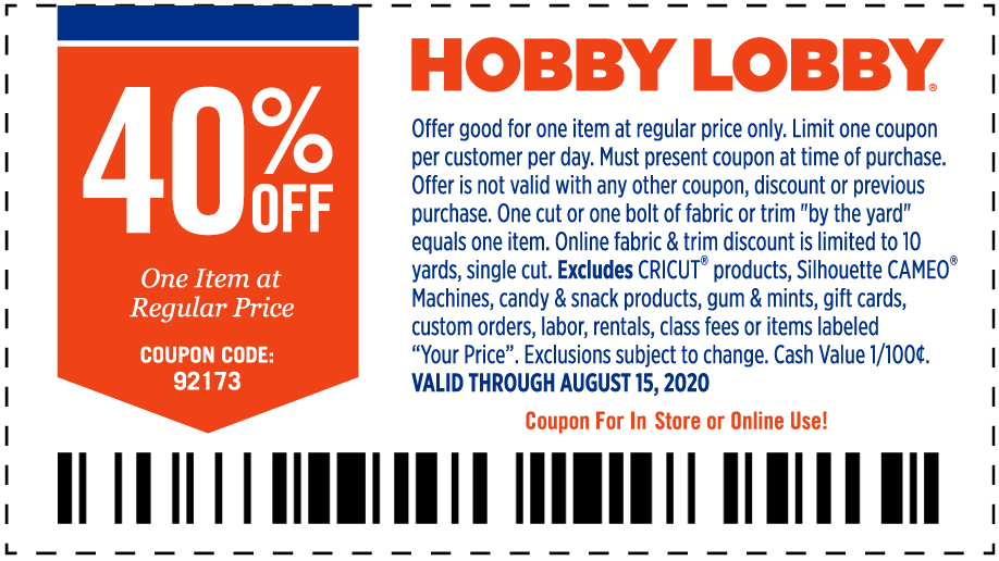 Hobby Lobby stores Coupon  40% off a single item at Hobby Lobby, or online via promo code 92173 #hobbylobby 
